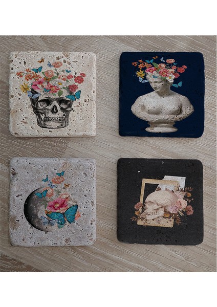 Çiçekli Heykel Kuru Kafa ve Dünya Doğal Taş Bardak Altlığı 4'lü Set - Natural Stone Coasters