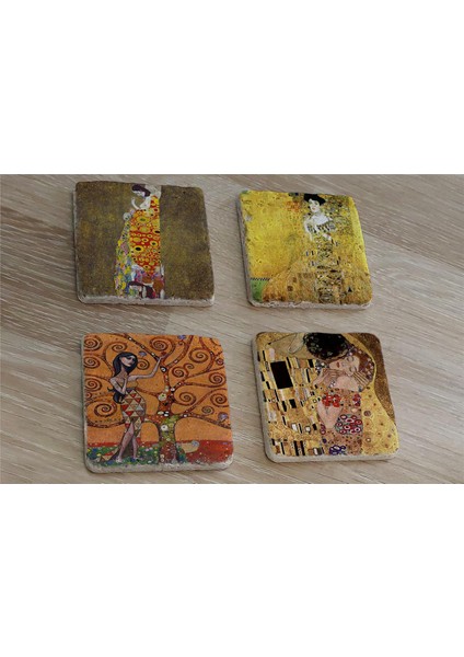 Gustav Klimt Kiss (Öpücük) ve Eserleri Doğal Taş Bardak Altlığı 4'lü Set - Natural Stone Coasters