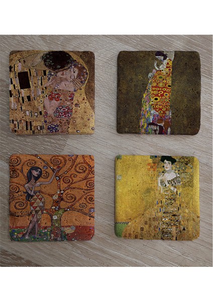 Gustav Klimt Kiss (Öpücük) ve Eserleri Doğal Taş Bardak Altlığı 4'lü Set - Natural Stone Coasters fiyatları