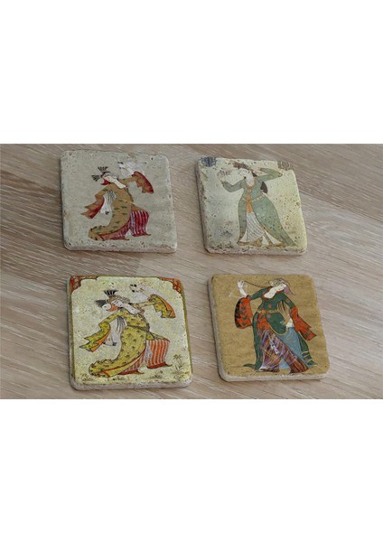 Levni Kadın Minyatürleri Doğal Taş Bardak Altlığı 4'lü Set - Natural Stone Coasters