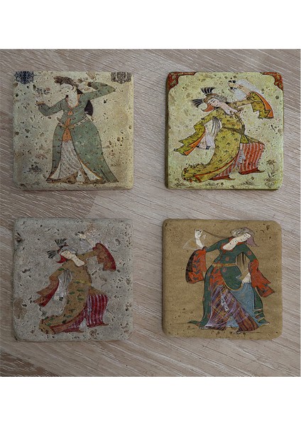 Levni Kadın Minyatürleri Doğal Taş Bardak Altlığı 4'lü Set - Natural Stone Coasters fiyatları