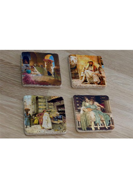 Oryantal Figürler Doğal Taş Bardak Altlığı 4'lü Set - Natural Stone Coasters