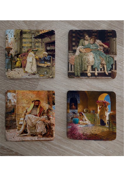 Oryantal Figürler Doğal Taş Bardak Altlığı 4'lü Set - Natural Stone Coasters fiyatları