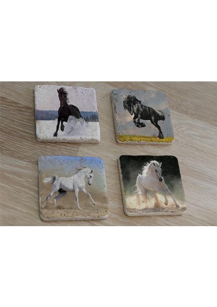 Koşan Atlar Doğal Taş Bardak Altlığı 4'lü Set - Natural Stone Coasters