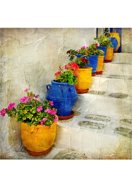Ahşap Kapılar Vazoda Çiçekler ve Begonviller Doğal Taş Bardak Altlığı 4'lü Set - Natural Stone Coasters