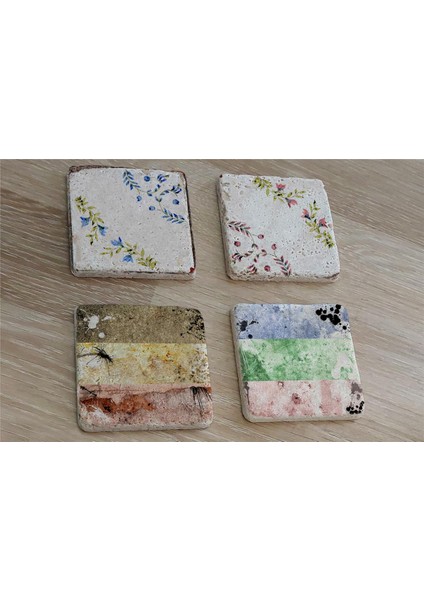 Çiçekli Desenler Doğal Taş Bardak Altlığı 4'lü Set - Natural Stone Coasters