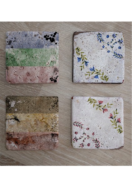 Çiçekli Desenler Doğal Taş Bardak Altlığı 4'lü Set - Natural Stone Coasters fiyatları