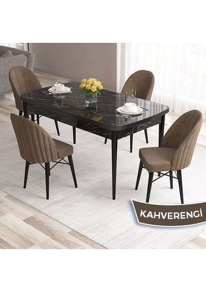 Concept Ves Serisi 80X132 Mdf Açılabilir Siyah Mermer Desen Mutfak Masa Takımı 4 Sandalye