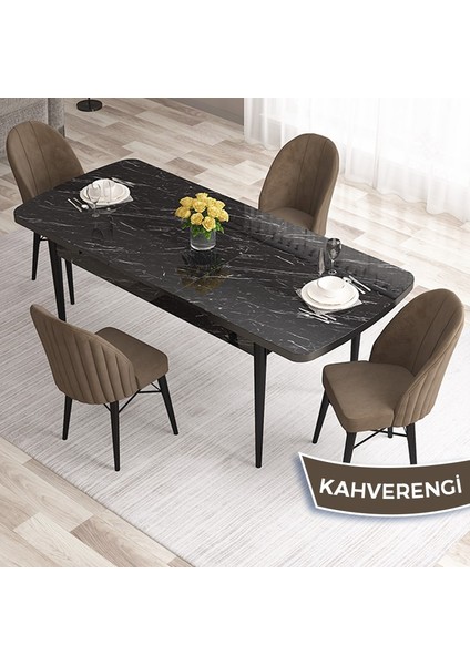 Concept Ves Serisi 80X132 Mdf Açılabilir Siyah Mermer Desen Mutfak Masa Takımı 4 Sandalye fiyatları
