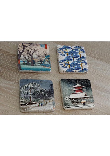 Japon Sanatı Manzaralar Doğal Taş Bardak Altlığı 4'lü Set - Natural Stone Coasters