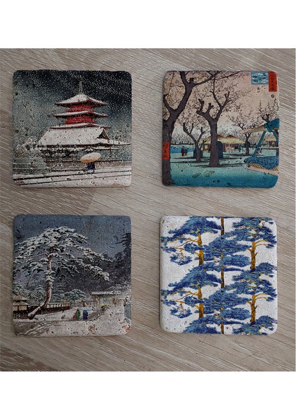 Japon Sanatı Manzaralar Doğal Taş Bardak Altlığı 4'lü Set - Natural Stone Coasters fiyatları