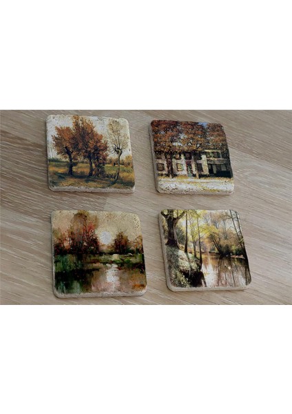 Sonbahar Ağaçlı Manzaralar Doğal Taş Bardak Altlığı 4'lü Set - Natural Stone Coasters