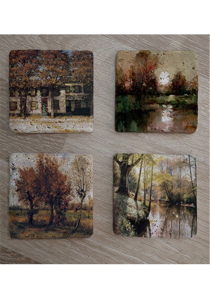 Sonbahar Ağaçlı Manzaralar Doğal Taş Bardak Altlığı 4'lü Set - Natural Stone Coasters fiyatları