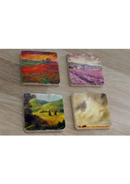 Gelincik Tarlası ve Doğa Manzaraları Doğal Taş Bardak Altlığı 4'lü Set - Natural Stone Coasters