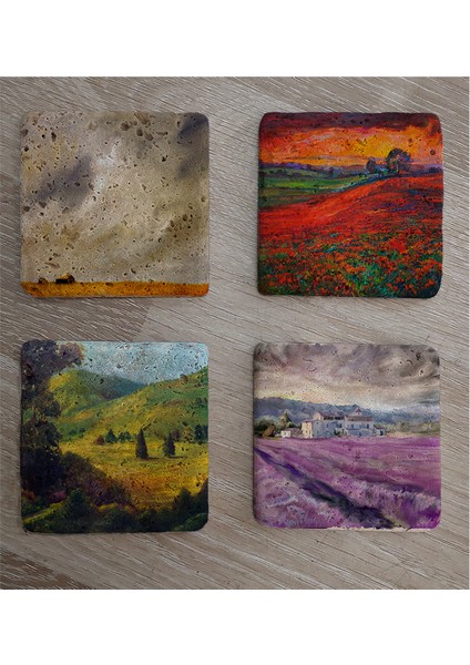 Gelincik Tarlası ve Doğa Manzaraları Doğal Taş Bardak Altlığı 4'lü Set - Natural Stone Coasters fiyatları
