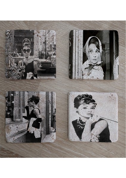 Siyah Beyaz Audrey Hepburn Fotoğrafları Doğal Taş Bardak Altlığı 4'lü Set - Natural Stone Coasters