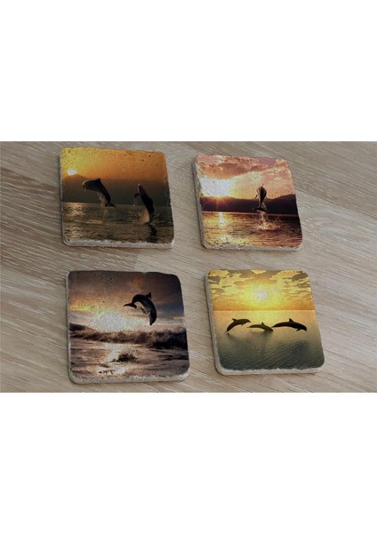 Yunus Balıkları Doğal Taş Bardak Altlığı 4'lü Set - Natural Stone Coasters
