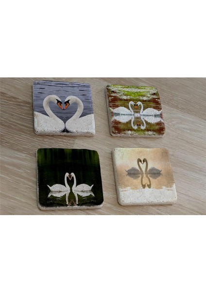 Kuğular Doğal Taş Bardak Altlığı 4'lü Set - Natural Stone Coasters