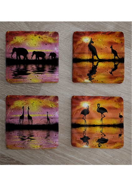 Egzotik Hayvanlar Fil Zürafa Flamingo Kanguru Doğal Taş Bardak Altlığı 4'lü Set - Natural Stone Coasters