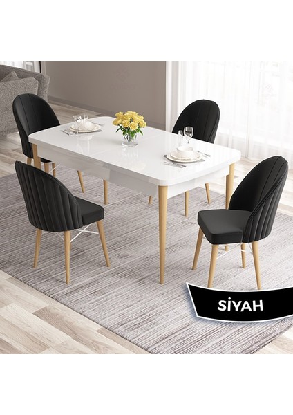 Concept Ves Serisi 80X132 Mdf Beyaz Mutfak Masa Takımı Doğal Ahşap Ayak Beyaz Kafes 4 Sandalye