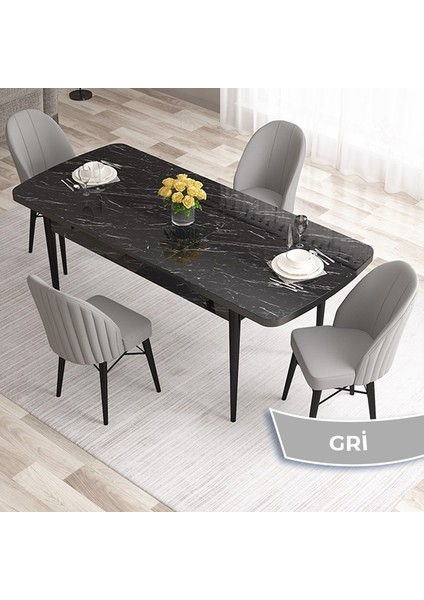 Concept Ves Serisi 80X132 Mdf Açılabilir Siyah Mermer Desen Mutfak Masa Takımı 4 Sandalye