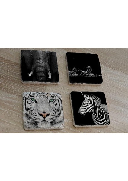 Siyah Beyaz Fil At Kaplan Zebra Doğal Taş Bardak Altlığı 4'lü Set - Natural Stone Coasters