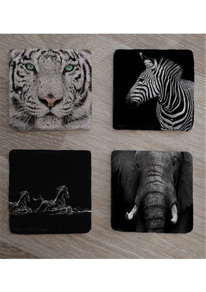 Siyah Beyaz Fil At Kaplan Zebra Doğal Taş Bardak Altlığı 4'lü Set - Natural Stone Coasters