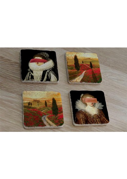 Manzaralar ve Modern Rönesans Portreleri Doğal Taş Bardak Altlığı 4'lü Set - Natural Stone Coasters