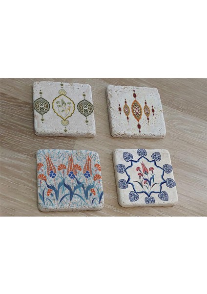 Çini Desenleri Doğal Taş Bardak Altlığı 4'lü Set - Natural Stone Coasters