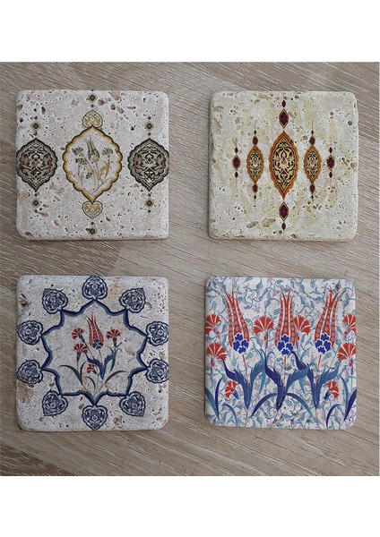 Çini Desenleri Doğal Taş Bardak Altlığı 4'lü Set - Natural Stone Coasters fiyatları