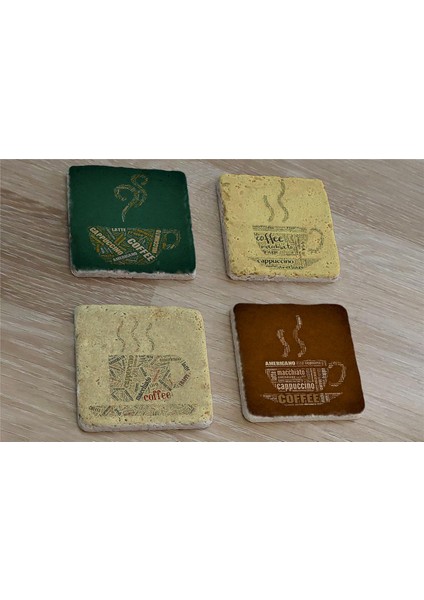 Tipografik Kahve Desenleri Doğal Taş Bardak Altlığı 4'lü Set - Natural Stone Coasters