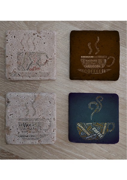 Tipografik Kahve Desenleri Doğal Taş Bardak Altlığı 4'lü Set - Natural Stone Coasters fiyatları