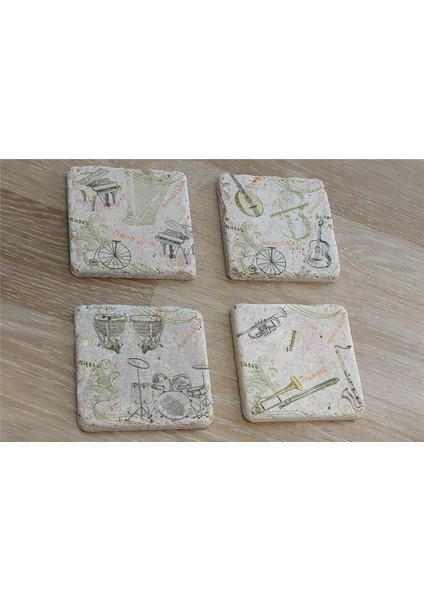 Müzik Aletleri Doğal Taş Bardak Altlığı 4'lü Set - Natural Stone Coasters