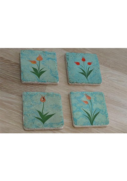 Ebru Laleler Doğal Taş Bardak Altlığı 4'lü Set - Natural Stone Coasters