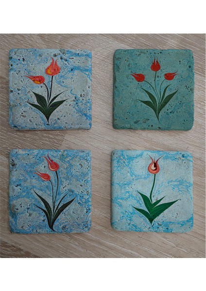 Ebru Laleler Doğal Taş Bardak Altlığı 4'lü Set - Natural Stone Coasters fiyatları
