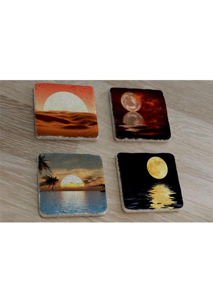 Ay ve Gün Batımı Manzaralar Doğal Taş Bardak Altlığı 4'lü Set - Natural Stone Coasters