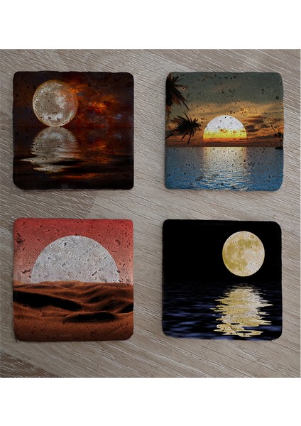 Ay ve Gün Batımı Manzaralar Doğal Taş Bardak Altlığı 4'lü Set - Natural Stone Coasters fiyatları
