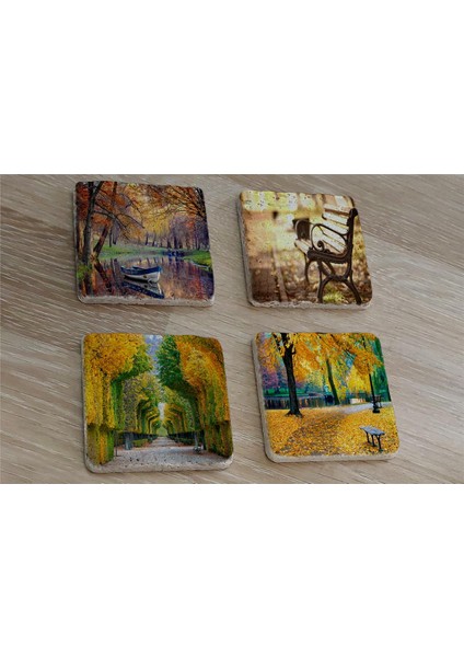 Sonbahar Manzaraları Doğal Taş Bardak Altlığı 4'lü Set - Natural Stone Coasters