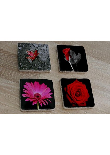 Kırmızı Gül ve Gerbera Doğal Taş Bardak Altlığı 4'lü Set - Natural Stone Coasters