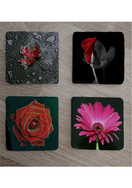 Kırmızı Gül ve Gerbera Doğal Taş Bardak Altlığı 4'lü Set - Natural Stone Coasters fiyatları