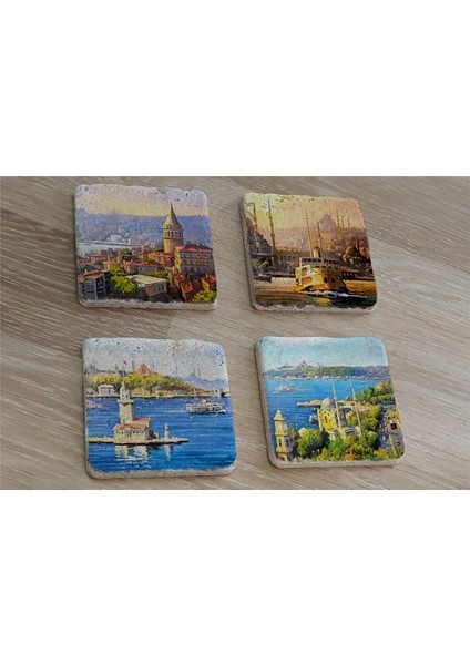 Galata Eminönü Kız Kulesi ve Ortaköy Doğal Taş Bardak Altlığı 4'lü Set - Natural Stone Coasters