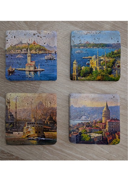 Galata Eminönü Kız Kulesi ve Ortaköy Doğal Taş Bardak Altlığı 4'lü Set - Natural Stone Coasters fiyatları
