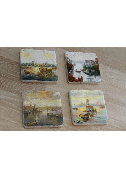 Istanbul Manzaraları Doğal Taş Bardak Altlığı 4'lü Set - Natural Stone Coasters