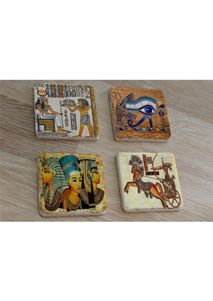 Hathor Ra'nın Gözü (Horus) Ramses ve Firavunlar Doğal Taş Bardak Altlığı 4'lü Set - Natural Stone Coasters