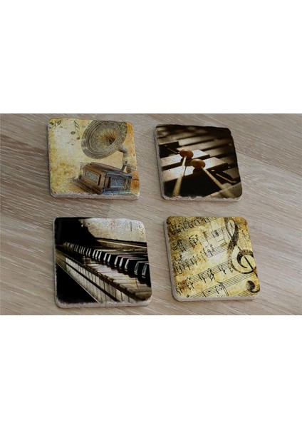 Gramofon Piano Ksilofon ve Notalar Doğal Taş Bardak Altlığı 4'lü Set - Natural Stone Coasters