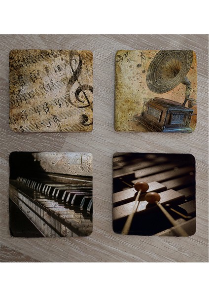 Gramofon Piano Ksilofon ve Notalar Doğal Taş Bardak Altlığı 4'lü Set - Natural Stone Coasters fiyatları