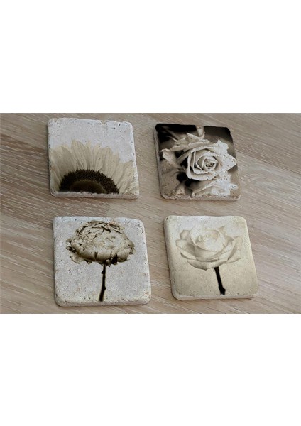 Siyah Beyaz Çiçekler Doğal Taş Bardak Altlığı 4'lü Set - Natural Stone Coasters