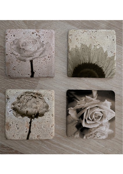 Siyah Beyaz Çiçekler Doğal Taş Bardak Altlığı 4'lü Set - Natural Stone Coasters fiyatları