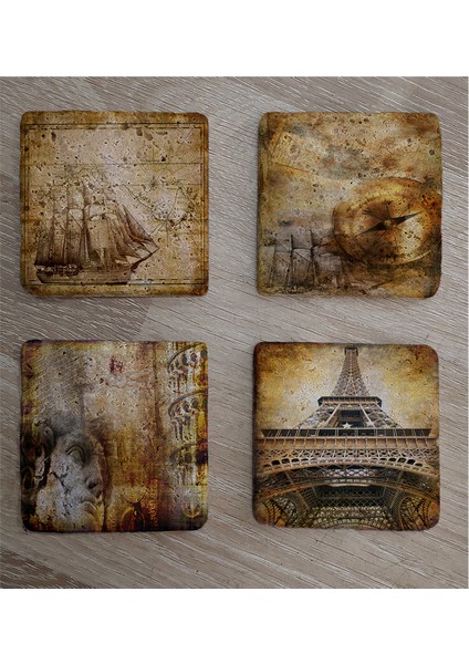 Kolaj Rönesans Eyfel Kulesi ve Eski Savaş Gemisi Doğal Taş Bardak Altlığı 4'lü Set - Natural Stone Coasters fiyatları