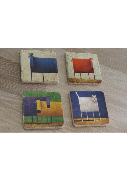 Kedi Köpek ve Sevimli Hayvanlar Doğal Taş Bardak Altlığı 4'lü Set - Natural Stone Coasters